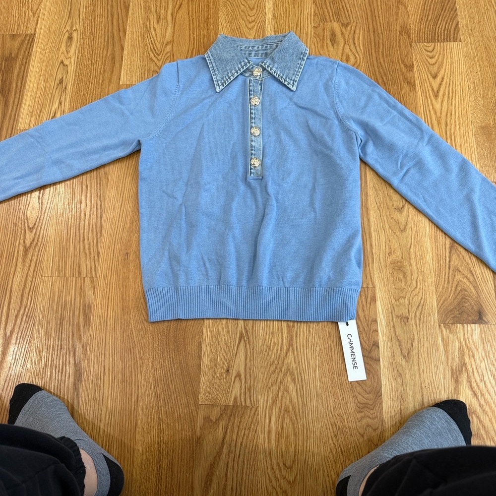 Commense Light Blue Sweater with Denim Collar